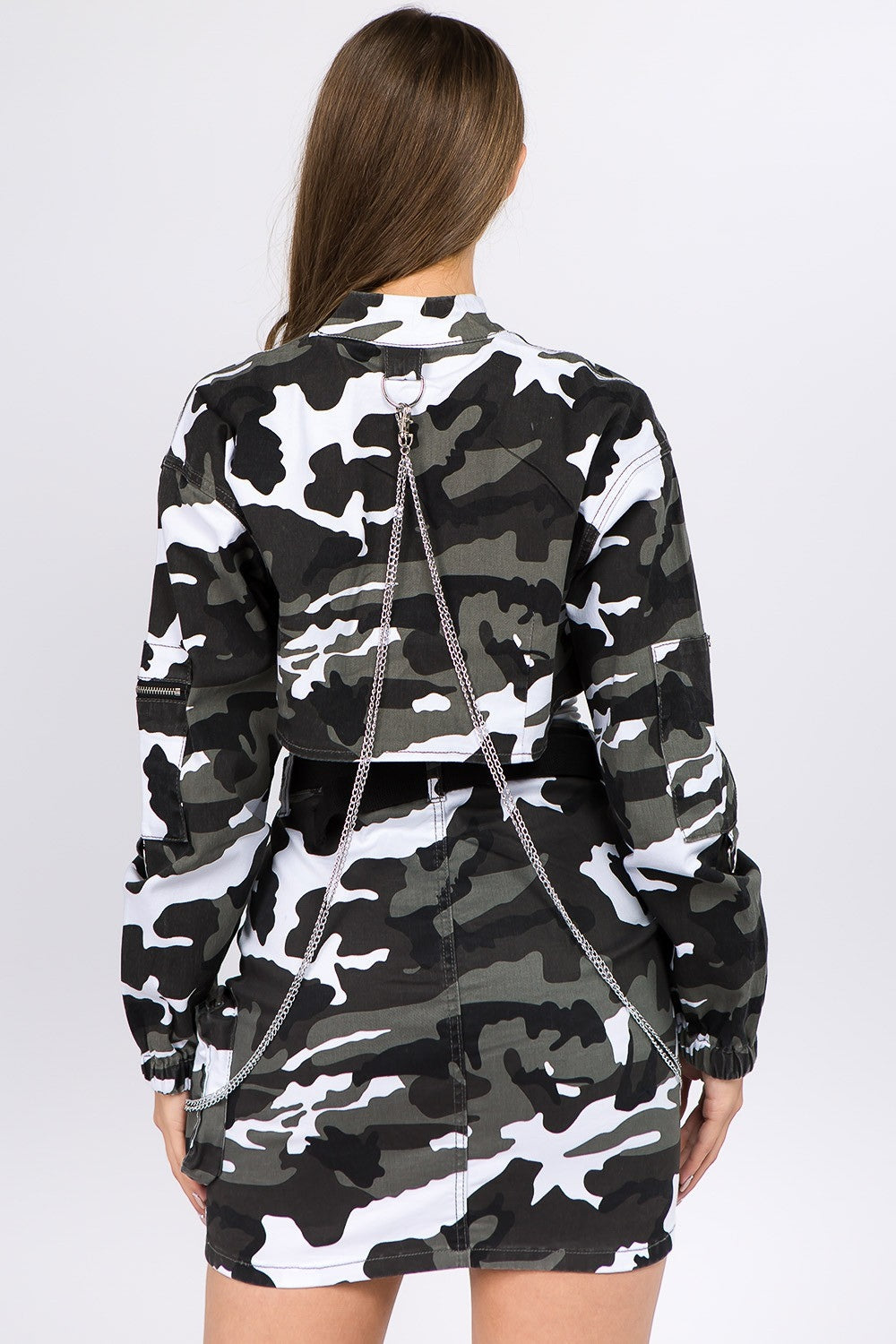 Women's Camouflage Cropped Jacket with Chains