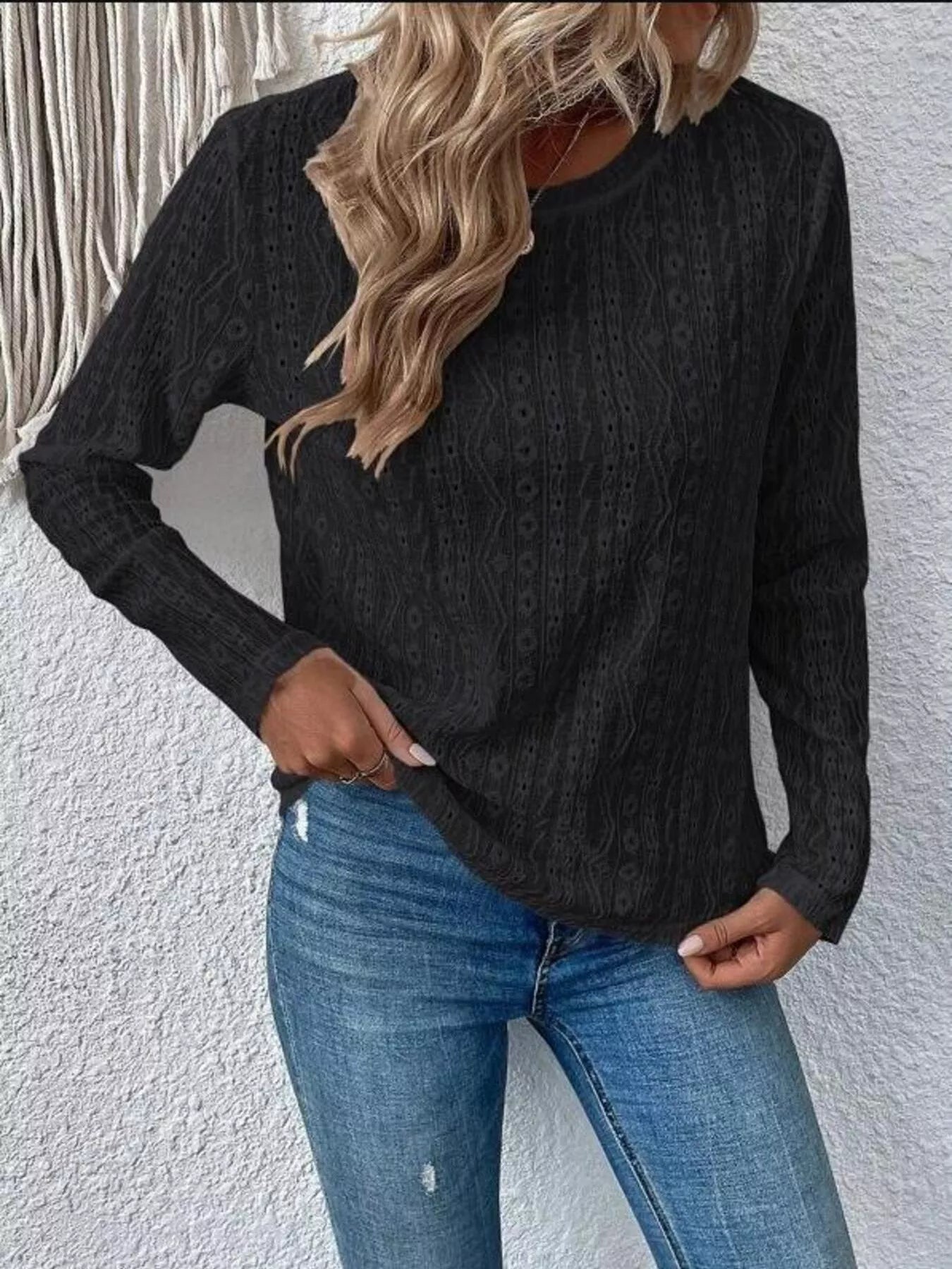 Full Size Eyelet Round Neck Long Sleeve Blouse Plus Size