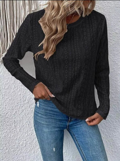 Full Size Eyelet Round Neck Long Sleeve Blouse Plus Size