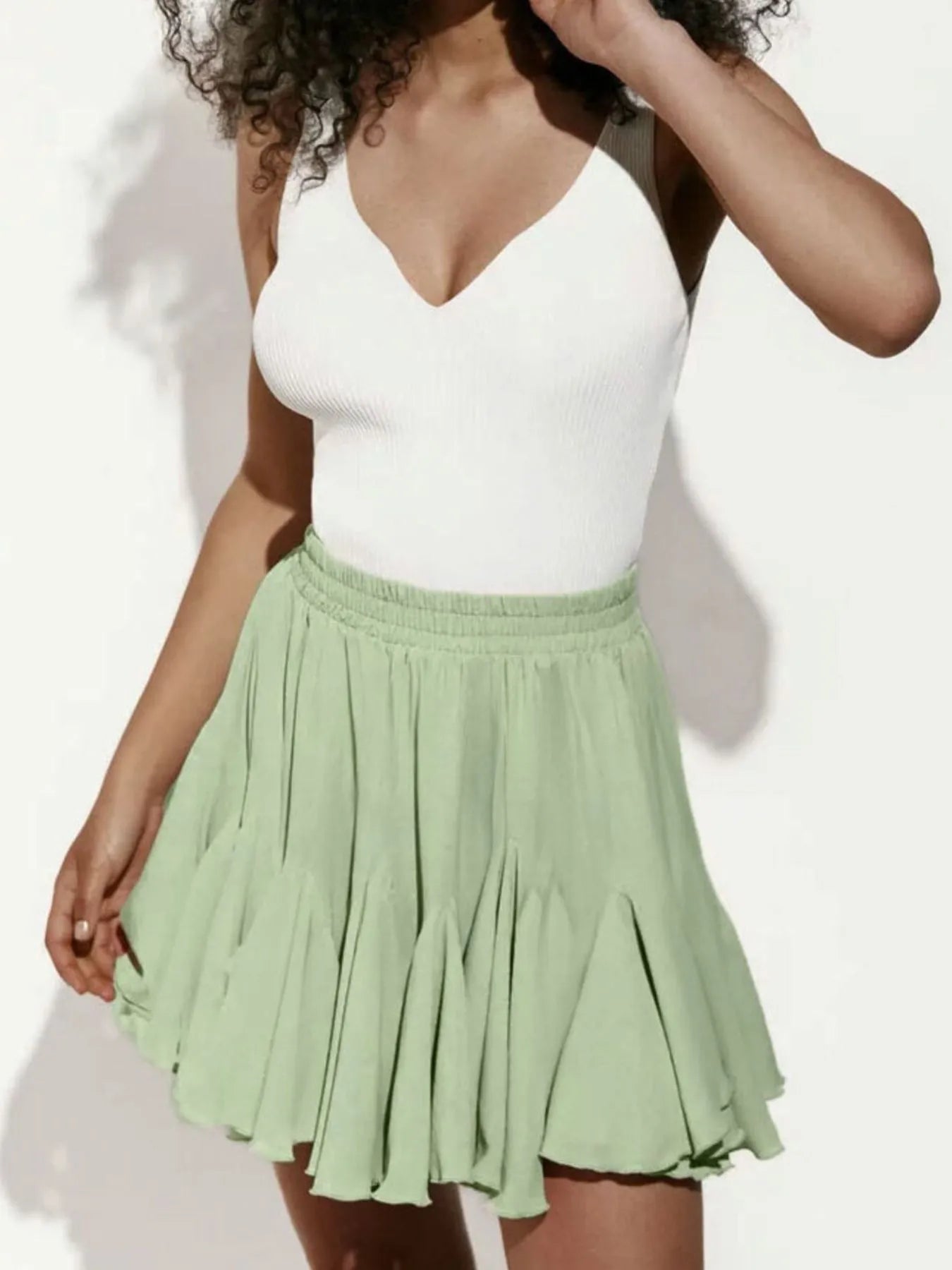 Elastic Waist Ruffled Hem Skirt Light Green