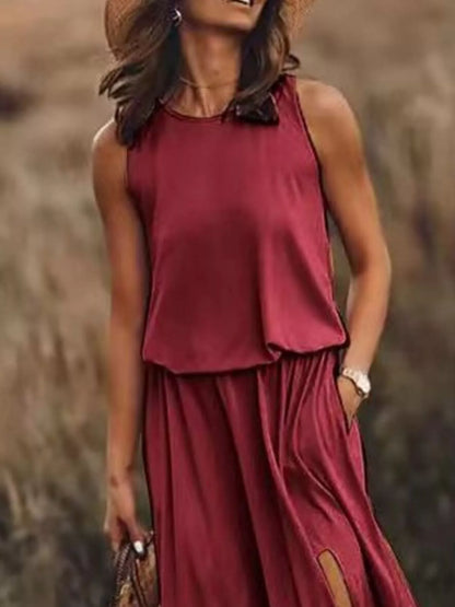 Full Size Round Neck Sleeveless Slit Maxi Dress Plus Size