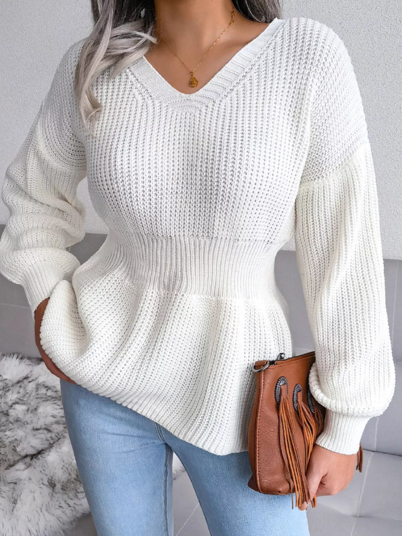V-Neck Dropped Shoulder Sweater White
