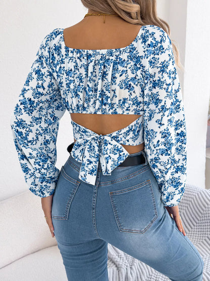 Floral Balloon Sleeve Square Neck Crop Blouse