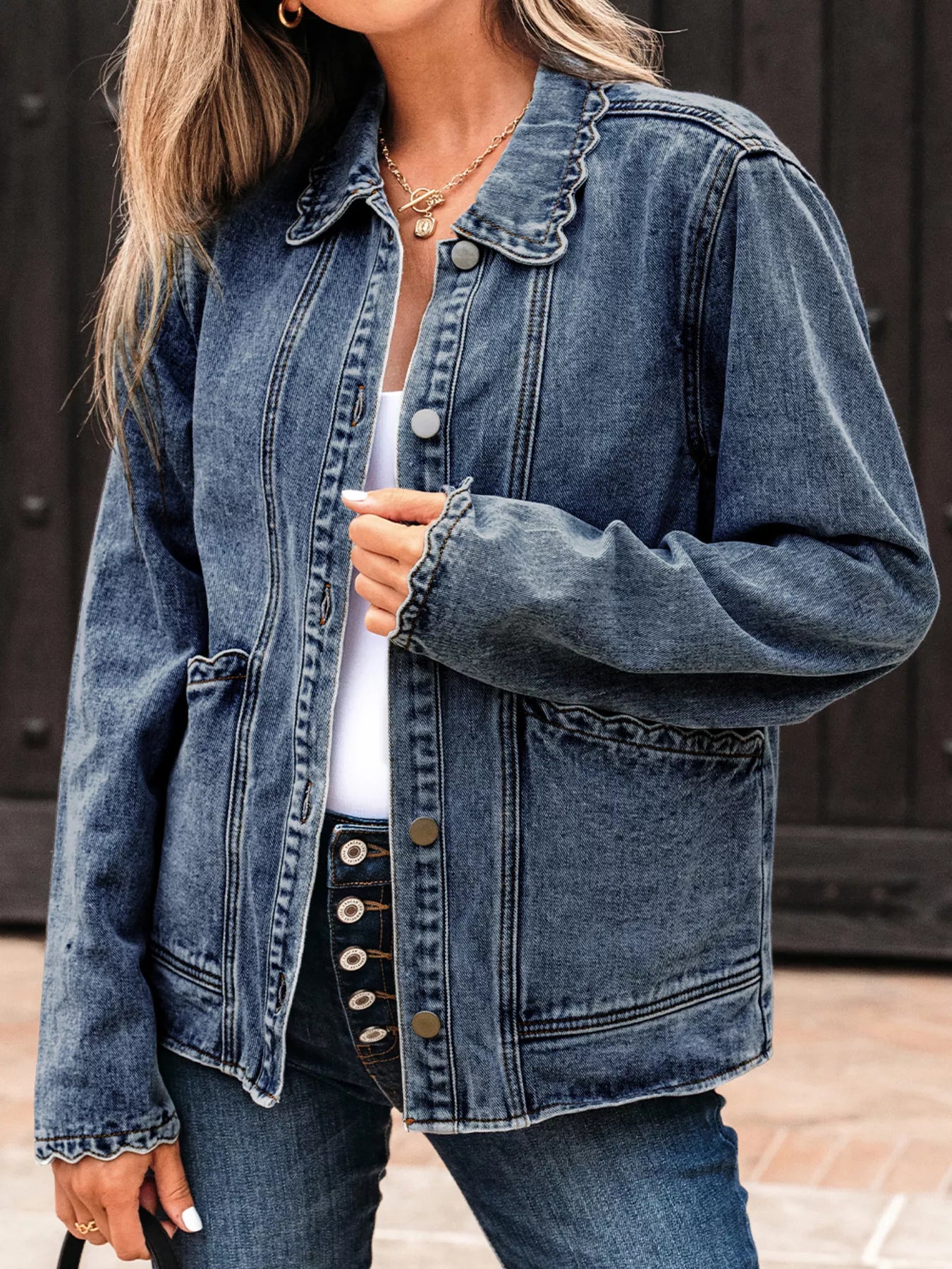 Scallop Trim Collar Patched Pocket Button Up Denim Jacket