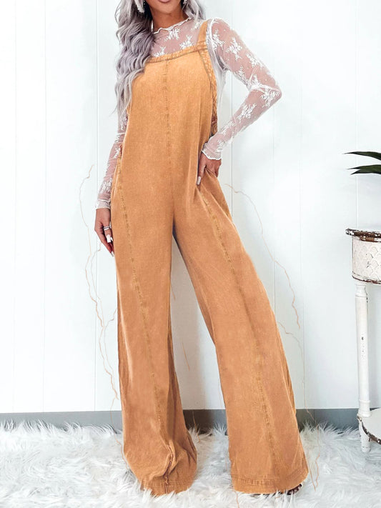 Square Neck Wide Leg Denim Overalls Mustard