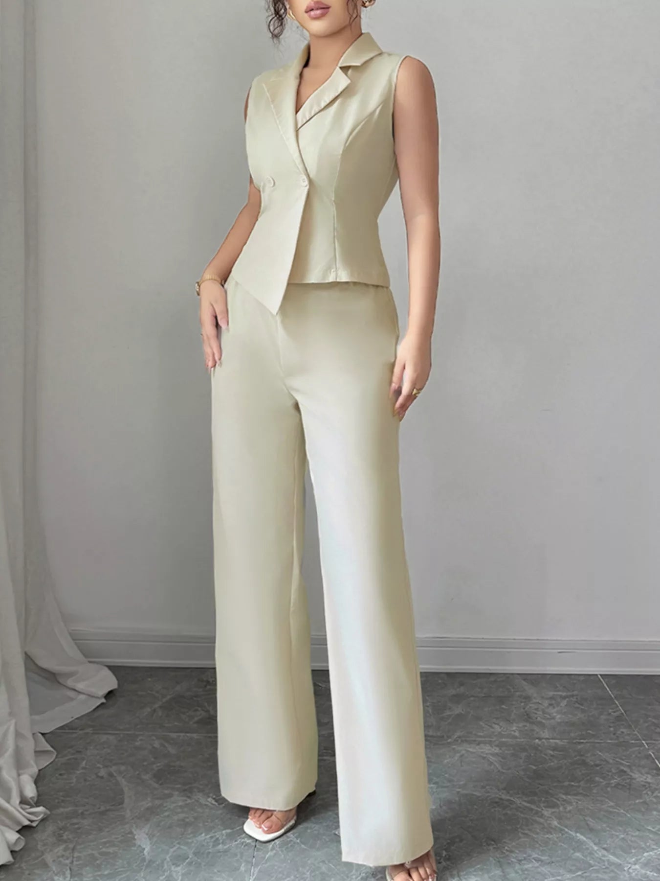 Sleeveless Vest and Wide-Leg Pants Set Cream