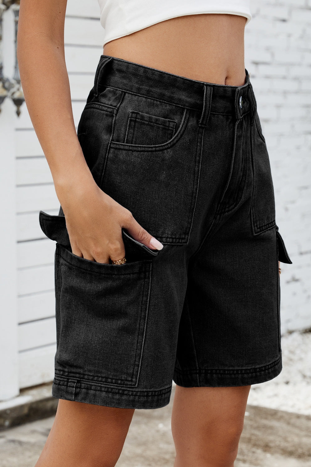 High Rise Denim Shorts with Cargo Pockets
