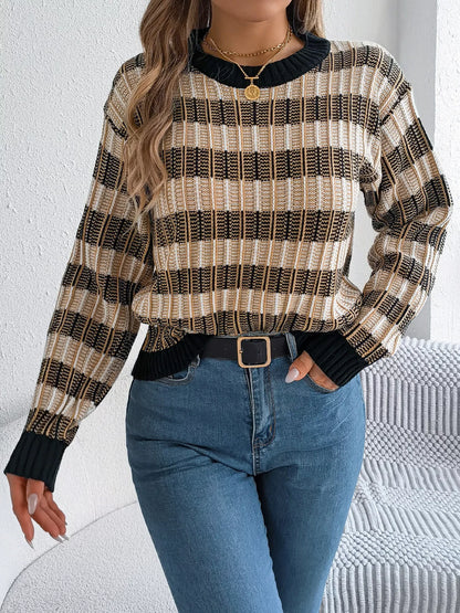 Striped Round Neck Long Sleeve Sweater Black