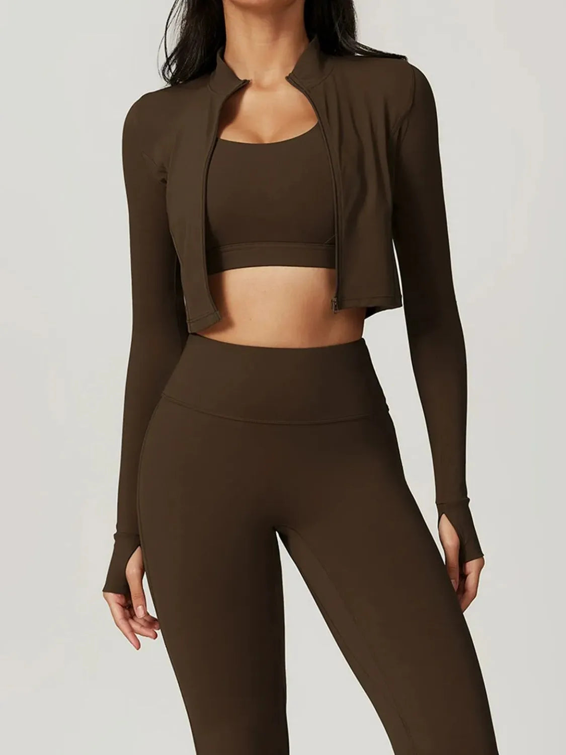 Bra Outerwear and Leggings 3-Piece Active Set Dark Brown