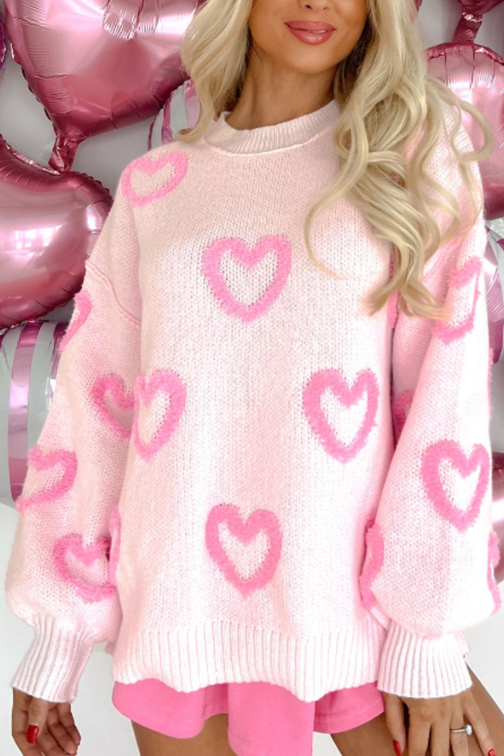 High-Low Heart Round Neck Long Sleeve Sweater Pink