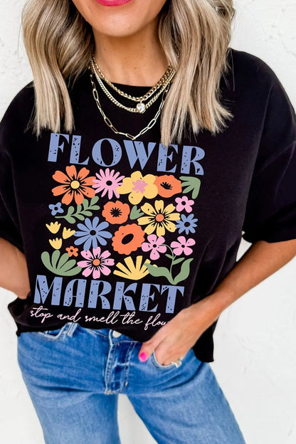 Flower Market Graphic Round Neck T-Shirt