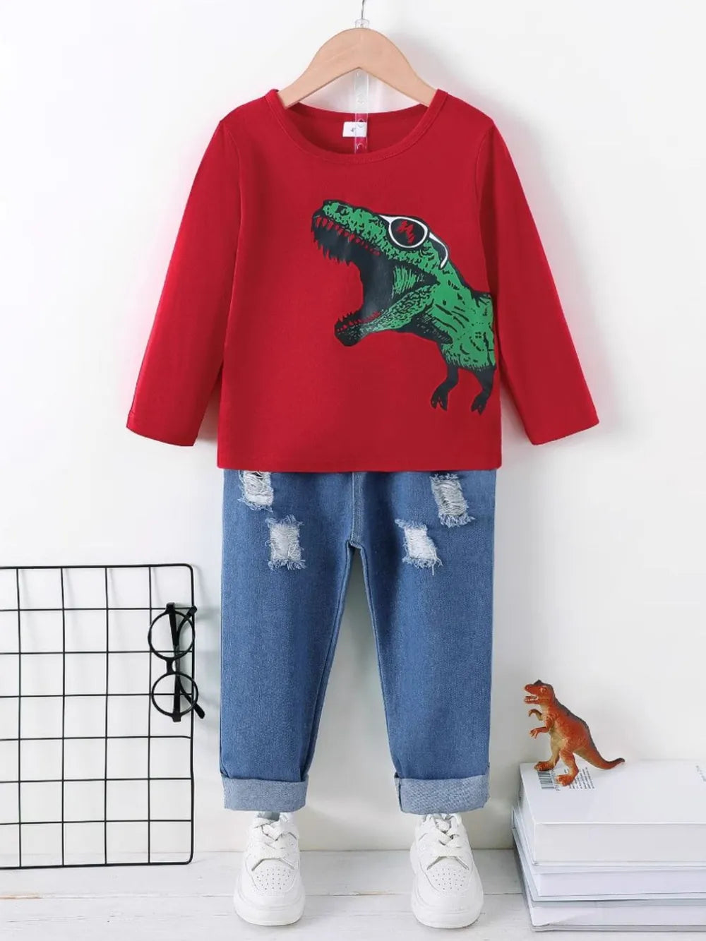 Dinosaur Round Neck Long Sleeve Top and Distressed Pants Set Deep Red