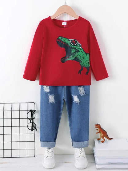 Dinosaur Round Neck Long Sleeve Top and Distressed Pants Set Deep Red