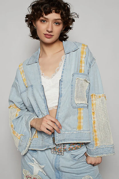 POL Raw Hem Zip Up Denim Jacket with Plaid and Crochet Patch Light Blue