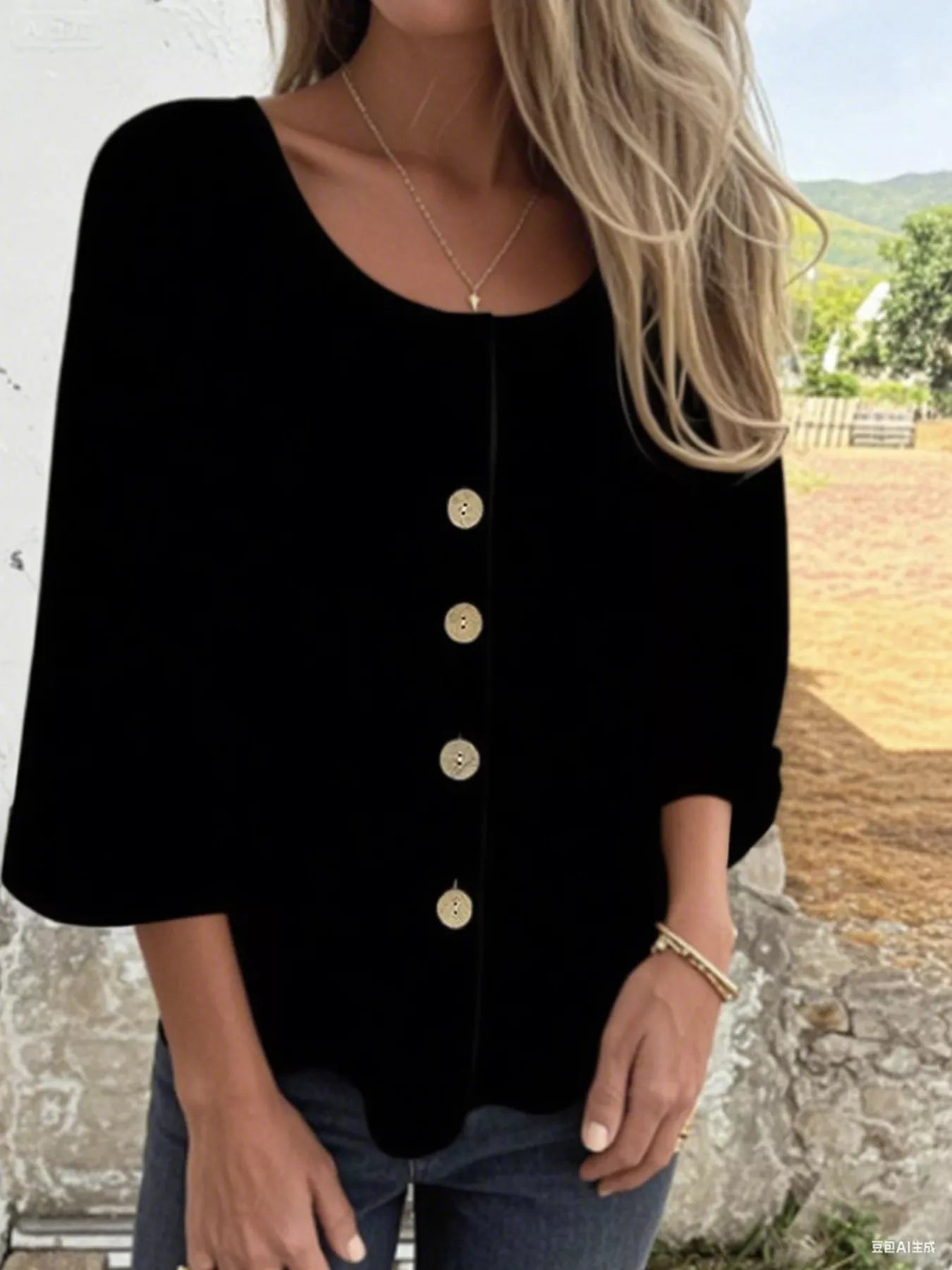 Full Size Button-Front 3/4 Sleeve Casual Blouse Plus Size Black