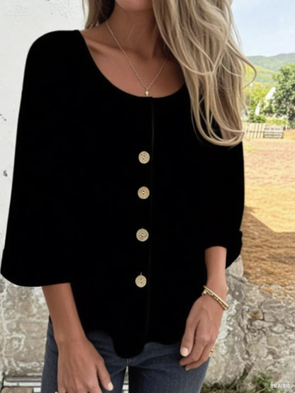 Full Size Button-Front 3/4 Sleeve Casual Blouse Plus Size Black