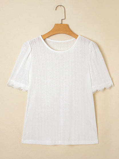 Scalloped Lace Trim Jacquard Textured T Shirt