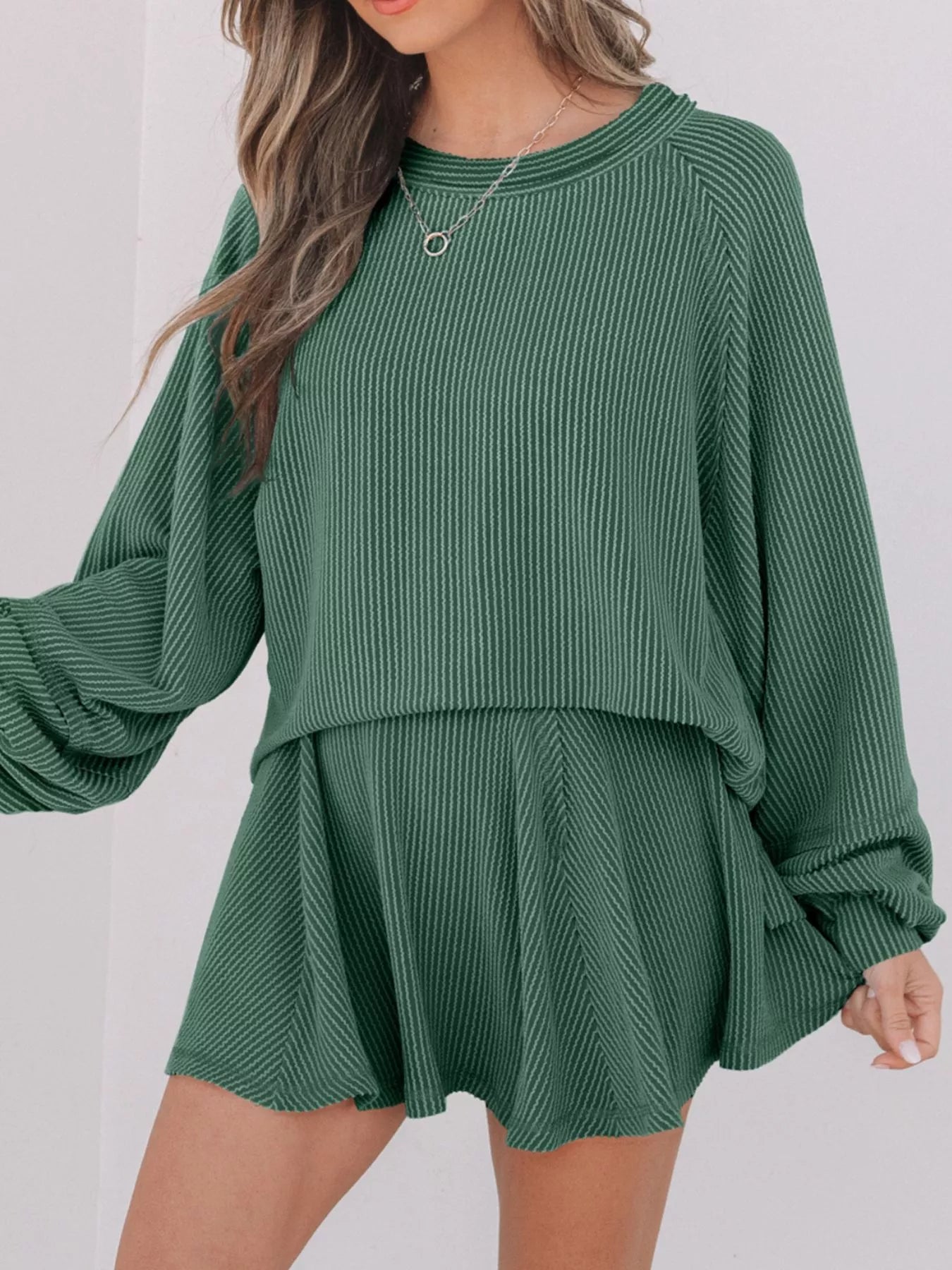 Corded Lantern Sleeve Top and High Waist Mini Skirt Set Moss