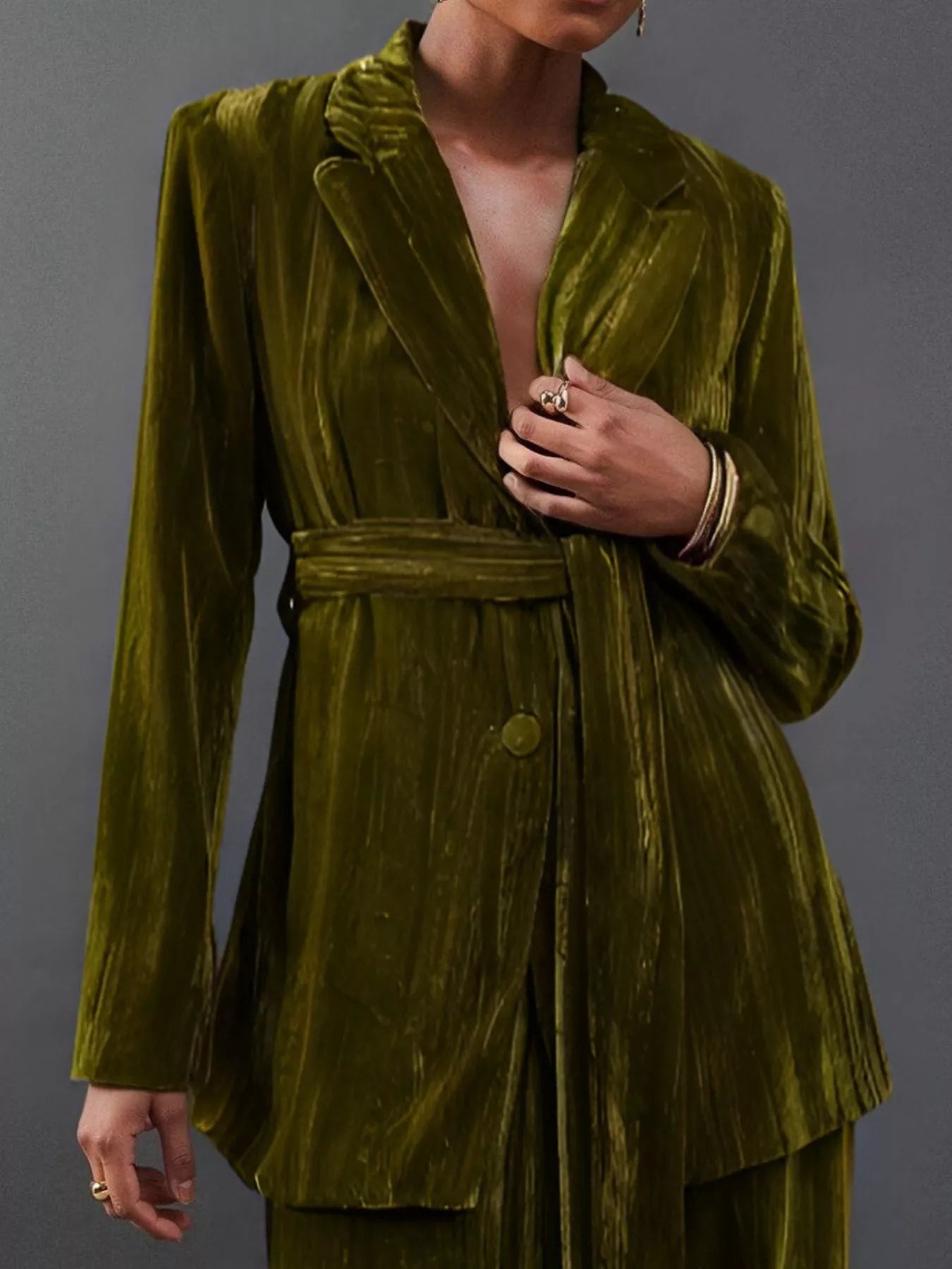Velvet Lapel Collar Blazer & Pants Set Army Green
