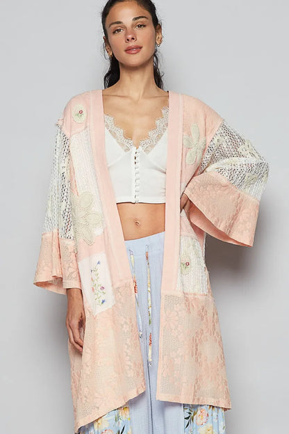 POL Double Gauze and Lace Mix Cardigan with Embroidered Detail Watermelon pink