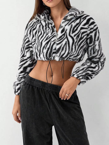 Zebra Print Plush Cropped Jacket Black