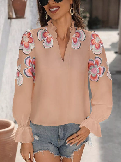 Floral Embroidered Notched Long Sleeve Blouse