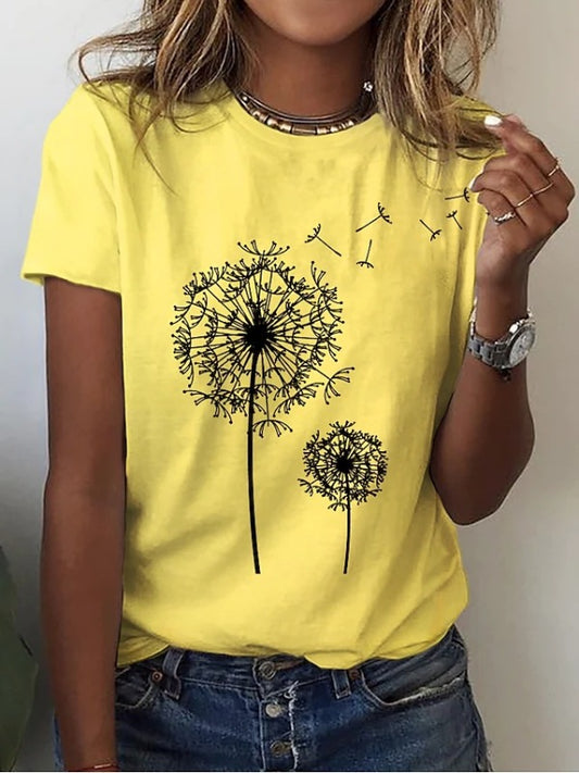 Dandelion Print Sleeveless Tank Top Polyester Women's Knit Tee Yellow