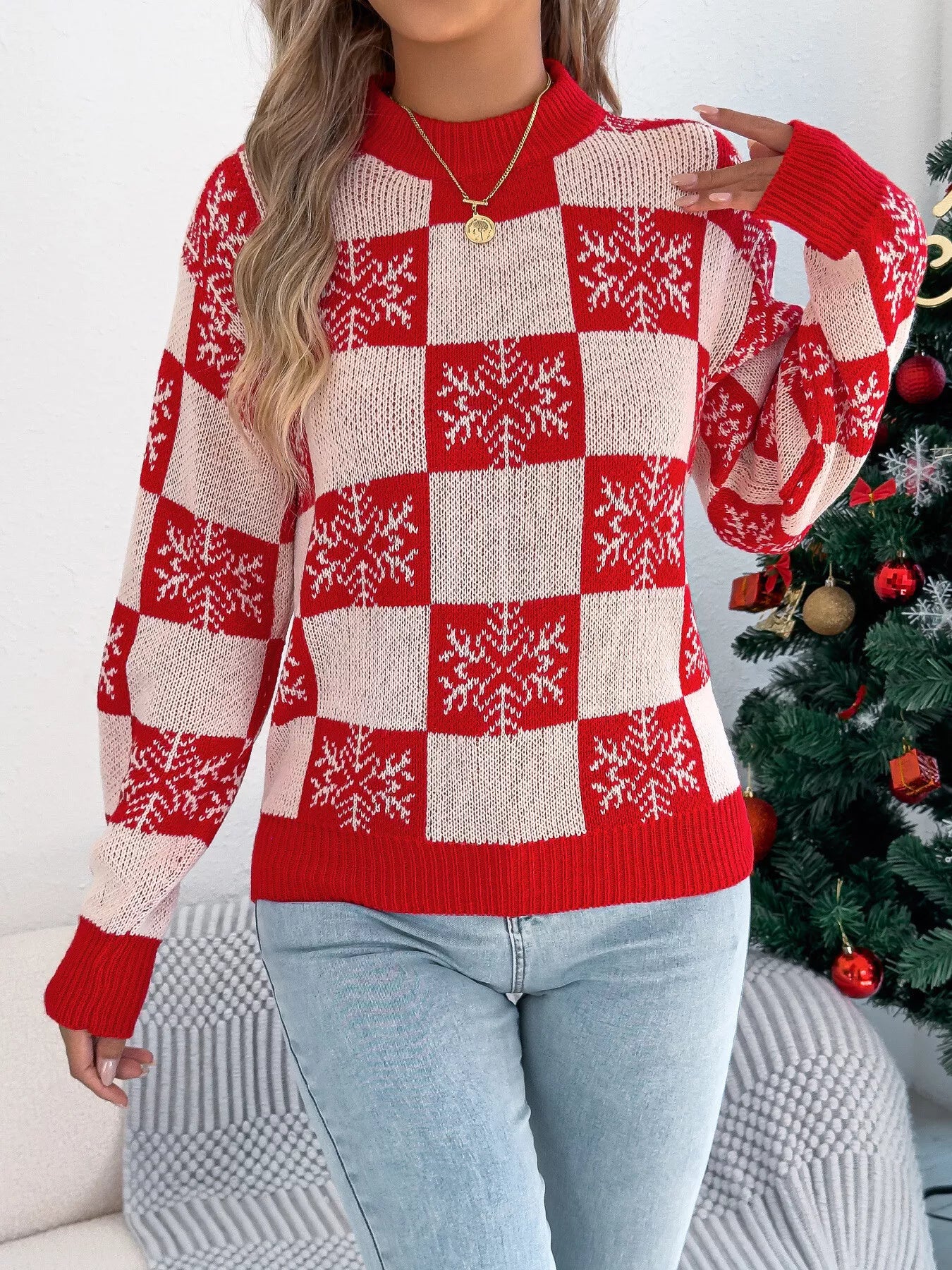 Christmas Snowflake Checkered Round Neck Sweater