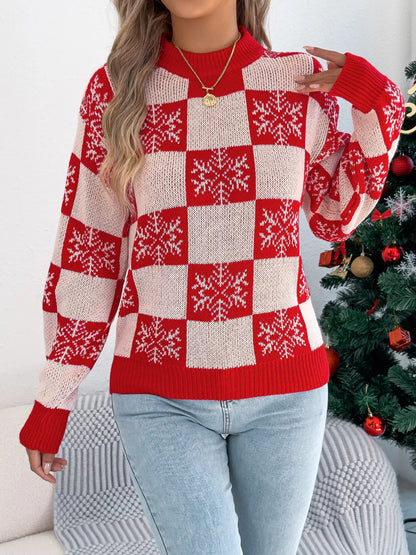 Christmas Snowflake Checkered Round Neck Sweater