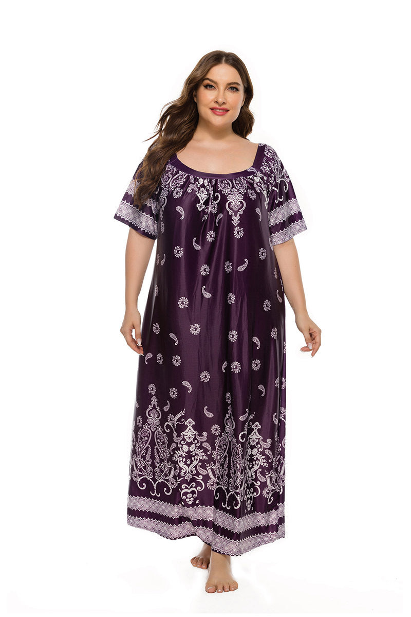 Plus Size Women Loose Home Wear Short Sleeve Dress Floral Print Maxi Dress Purple