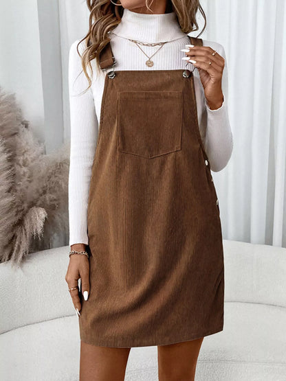 Corduroy Overall Mini Dress with Adjustable Straps Brown