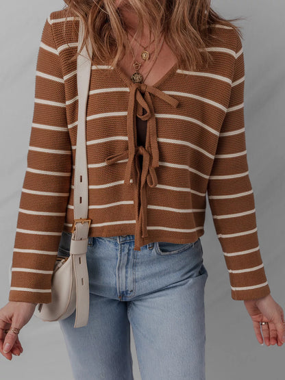 Tie Front Striped Knit V Neck Cardigan