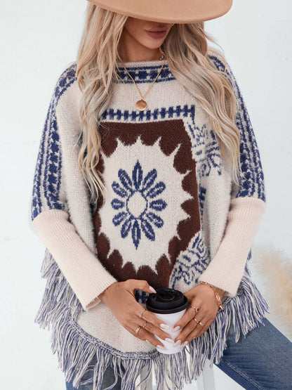 Fringe Geometric Long Sleeve Poncho Cream One Size