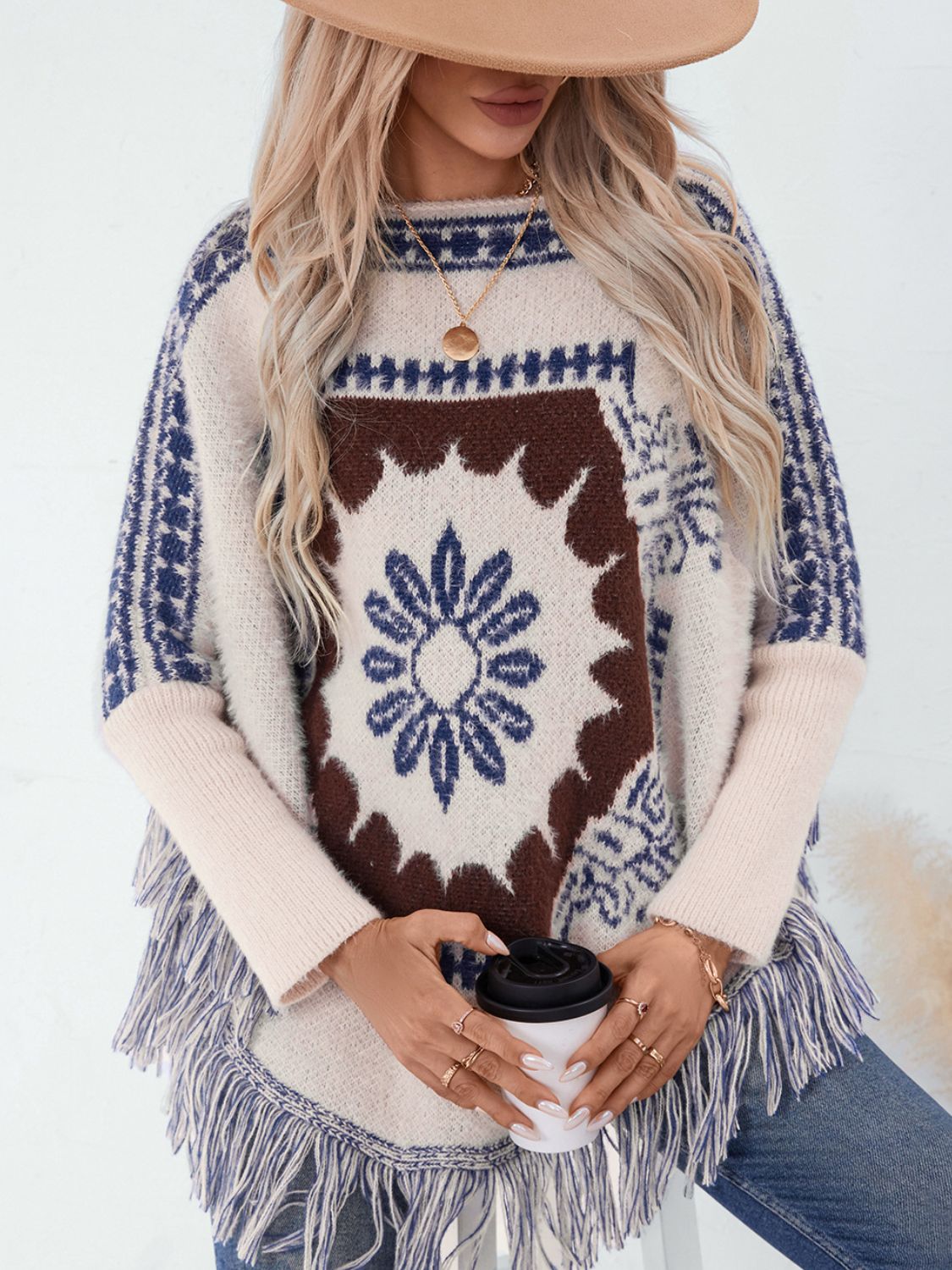 Fringe Geometric Long Sleeve Poncho Cream One Size