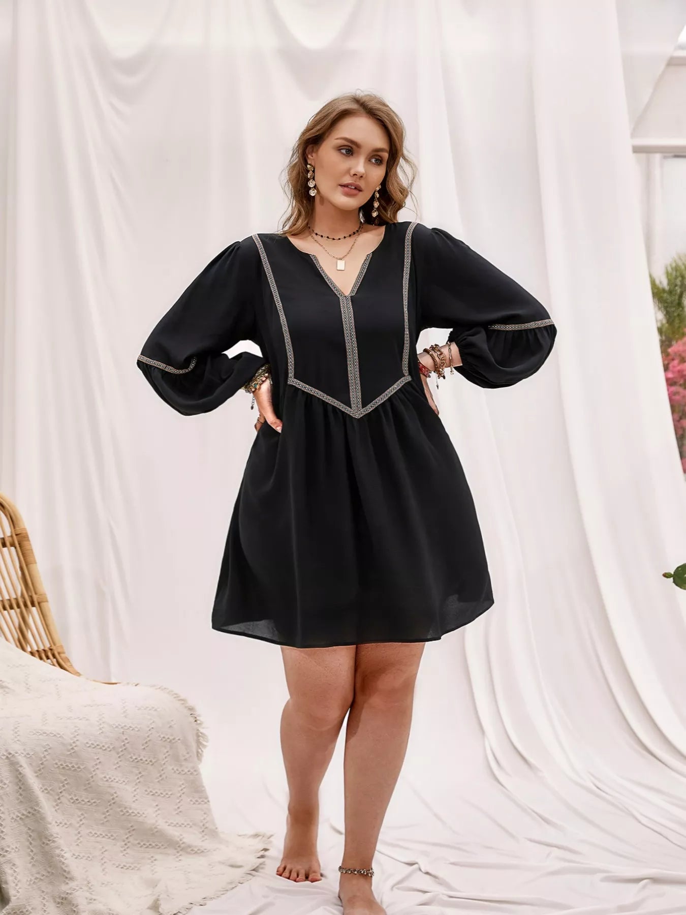 Plus Size Notched Balloon Sleeve Mini Dress