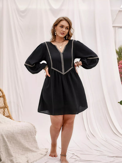 Plus Size Notched Balloon Sleeve Mini Dress