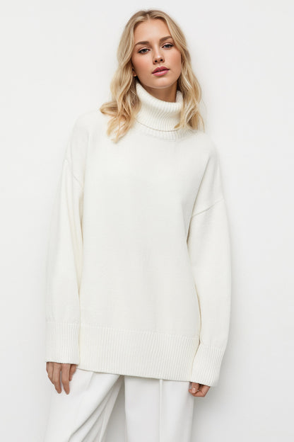 Back To School Sweater - Basic Bae Turtleneck Dropped Shoulder Long Sleeve Sweater White One Size