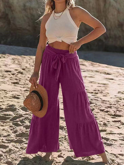 Tied Ruched Wide Leg Pants Deep Purple