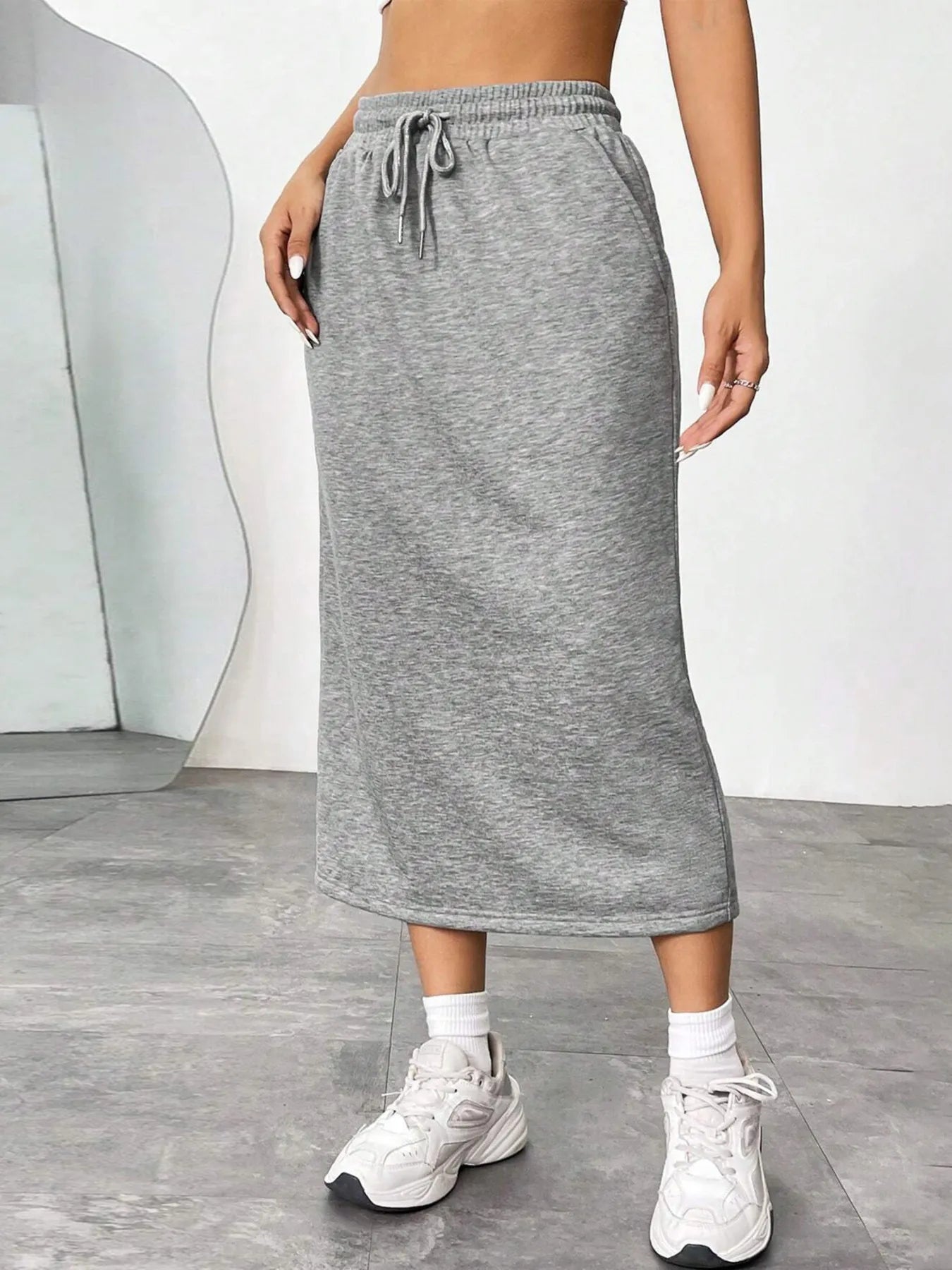 Slit Drawstring Midi Skirt Grey