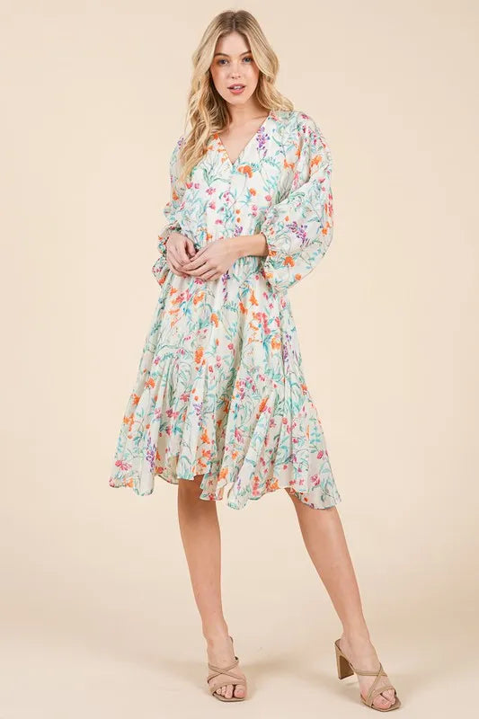 Lime 'N' Chili Floral Cinched Waist Balloon Sleeve V-Neck Dress