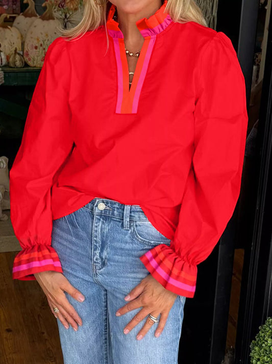 Striped Trim Ruffle Split Neck Long Sleeve Blouse Red
