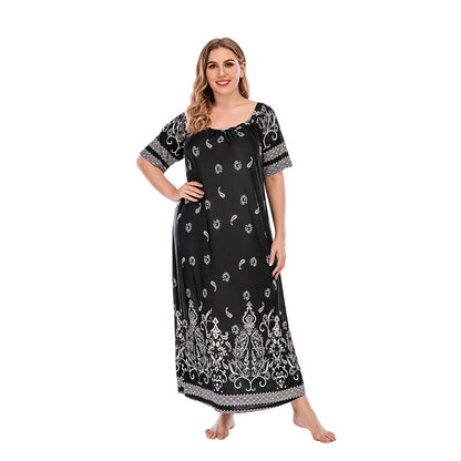 Plus Size Women Loose Home Wear Short Sleeve Dress Floral Print Maxi Dress Black