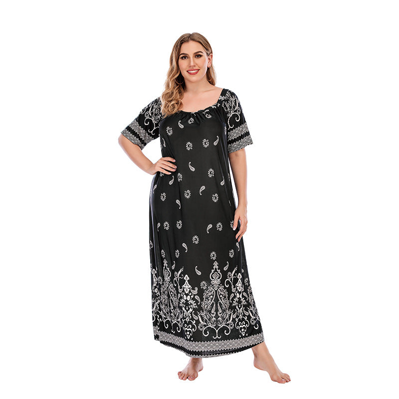 Plus Size Women Loose Home Wear Short Sleeve Dress Floral Print Maxi Dress Black