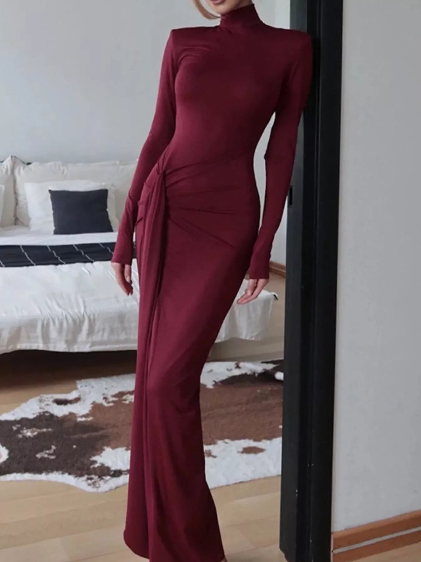 Turtleneck Long Sleeve Slit Maxi Dress Burgundy