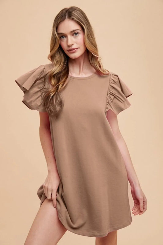 Annie Wear Round Neckline Ruffle Sleeve Relaxed Knit Dress LATTE