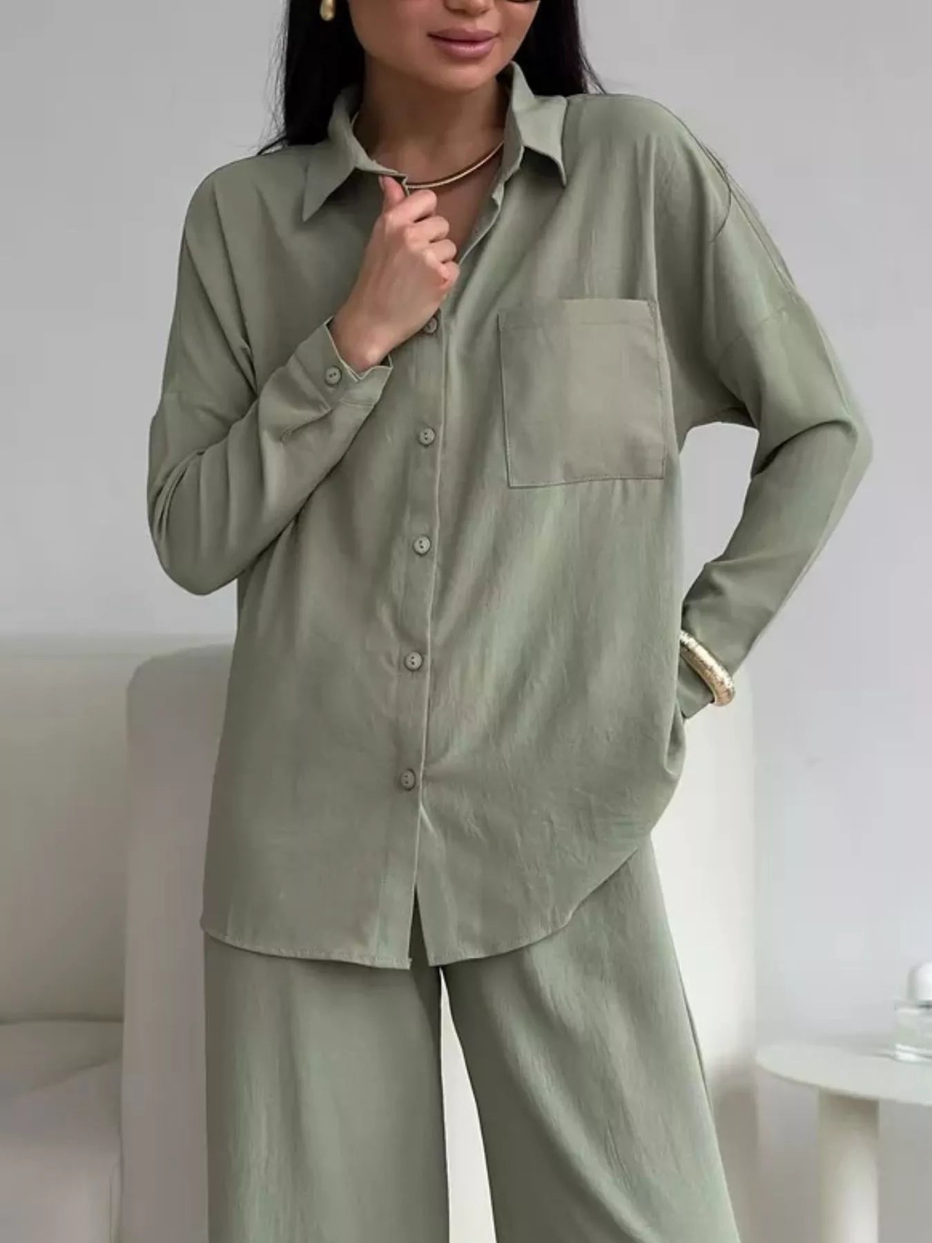 Button Up Long Sleeve Shirt and Pants Set