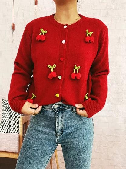 Flower Button Up Long Sleeve Cardigan Red One Size