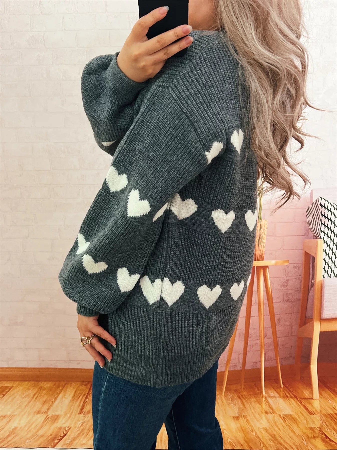 Heart Pattern Dropped Shoulder Sweater