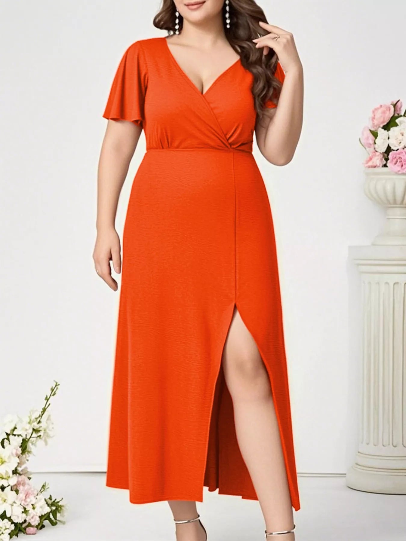 Plus Size Surplice Flutter Sleeve Dress Orange
