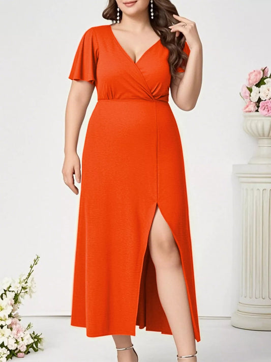 Plus Size Surplice Flutter Sleeve Dress Orange